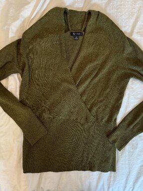 Ribbed V-Neck Wrap Top in Dark Sage - Long Sleeve Med Green Sweater
